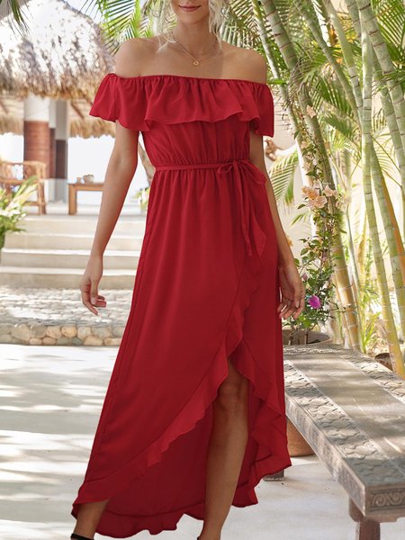 

Horizontal Neck A-Line Ruffled Maxi Dress, Red, Maxi Dresses