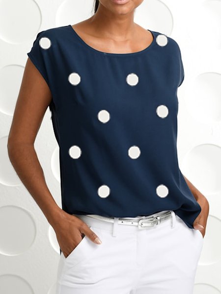 

T-Shirt Casuale a Pois a Manica Singola, Blu marino, T-Shirts
