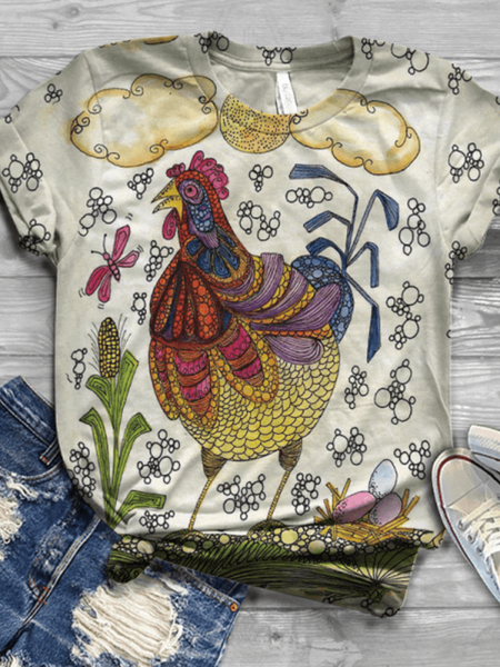 

T-Shirt a Girocollo Stampato Casuale di Misto Cotone, Grigio, T-Shirts