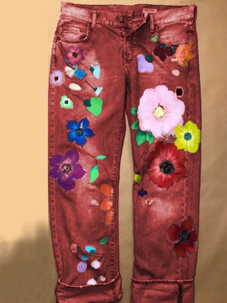 All Season Denim Floral Casual Jeans