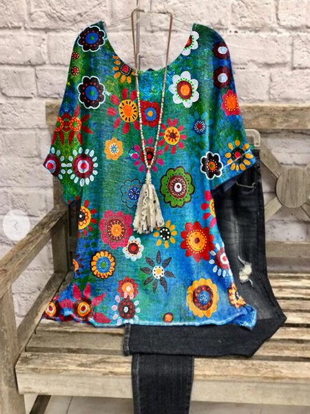 

Abito Casuale Floreale di Misto Cotone, Blu, Blouses & Shirts