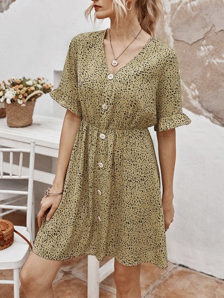 

V Neck Holiday Printed Mini Dress, Khaki, Mini Dresses