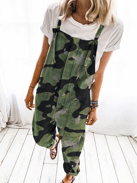 Tuta Dritto Casuale Denim Camouflage, Verde, Jumpsuits