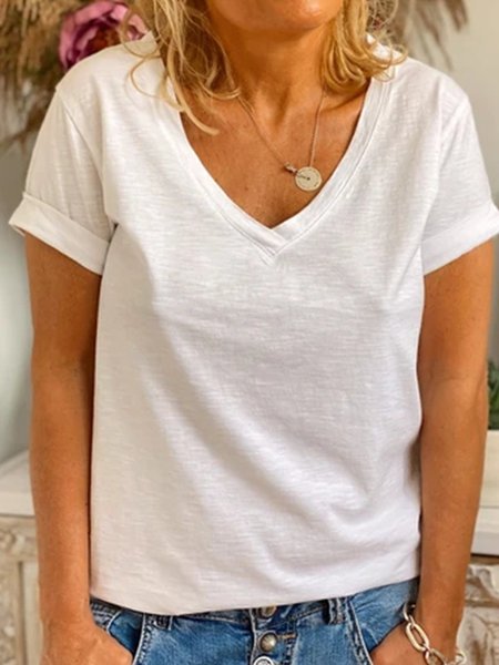 

T-Shirt con Scollo a V Casuale, Bianco, T-Shirts
