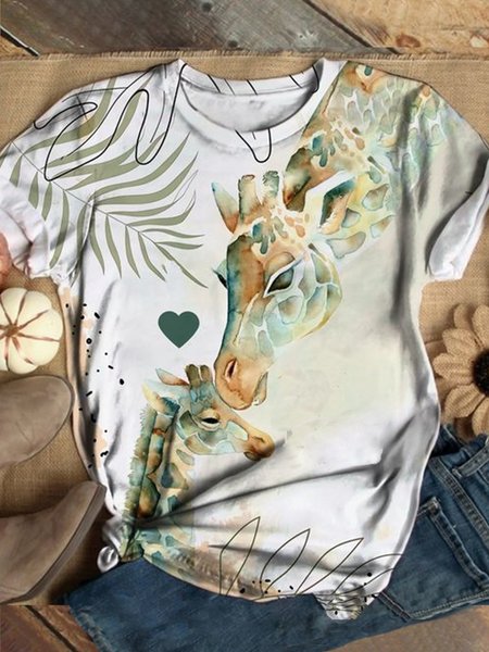 

T-Shirt a Girocollo Animale Casuale di Misto Cotone, Bianco, T-Shirts