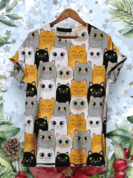 Cat Pattern Floral-print Shirts & Tops, Tops