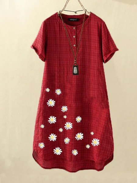 

Fuchsia Round Neck Floral Casual Cotton Dresses, Dresses