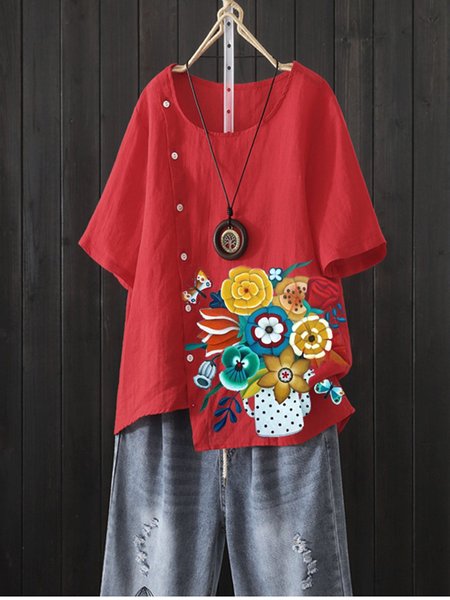 

Red Floral-Print Sweet Tops, Tops