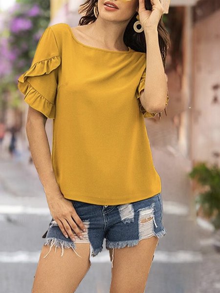 

Crew Neck Short Sleeve Daily Top, Yellow, Blouses and Shirts