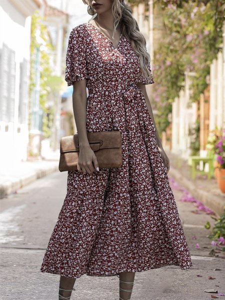 

V Neck A-Line Holiday Printed Floral Maxi Dress, Red, Maxi Dresses