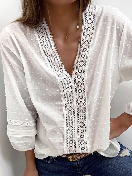 Camicetta con Scollo a V a 3/4 Manica Casuale, Bianco, Blouses & Shirts