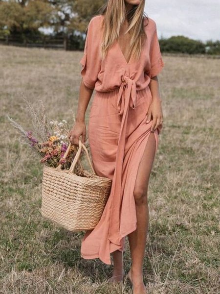 

Maxi Abito con Scollo a V Bohemian, Corallo, Casual Dresses