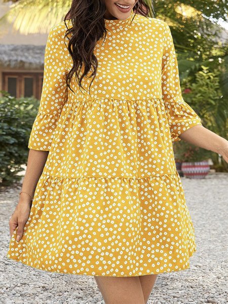 

Stand Collar Shift Holiday Floral Mini Weaving Dress, Yellow, Mini Dresses