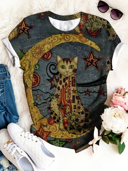 

Casual Short Sleeve Round Neck Top, Deep blue, T-shirts