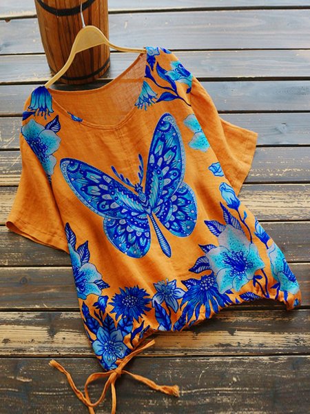 T-Shirt Stampato Floreale, Arancia, Tops