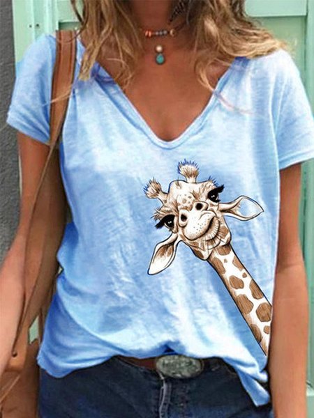 

Light Blue Simple Printed V Neck T-shirt, T-Shirts