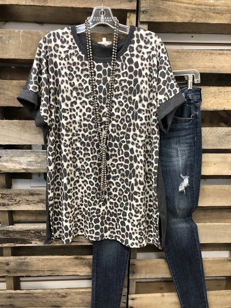 

Maglietta a Girocollo Casuale, Leopardo, T-Shirts