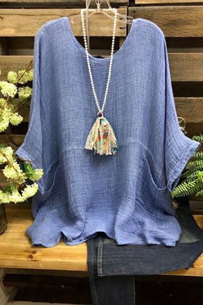 

Blue Round Neck Cotton Casual Tops, Tops