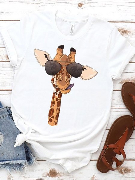 

Giraffe Printed Casual Crew Neck Top, White, Tees & T-shirts