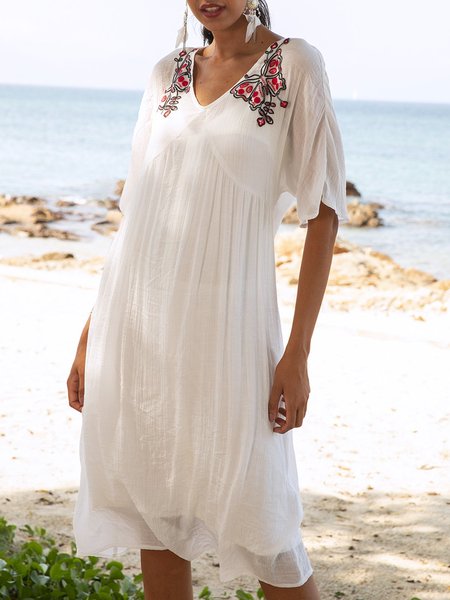 

Floral V Neck White Boho Midi Dress, Midi Dresses