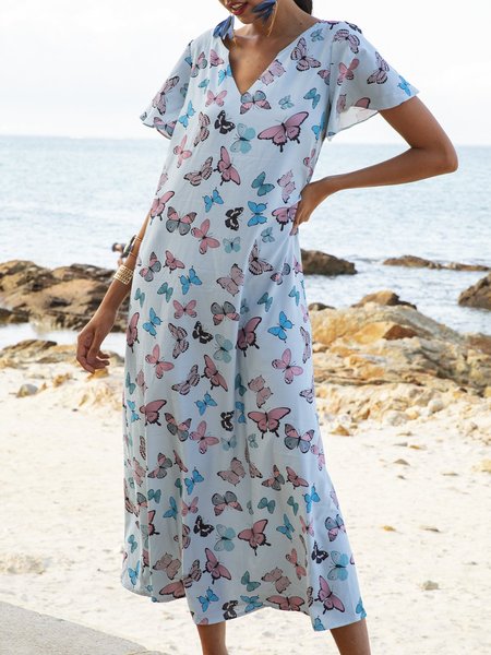 

Blu Animale Maniche Corte Scollo a V Abito, Dresses