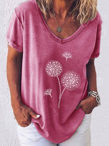 

Floral Cotton-Blend Casual V Neck Top, Pink, Tees & T-shirts