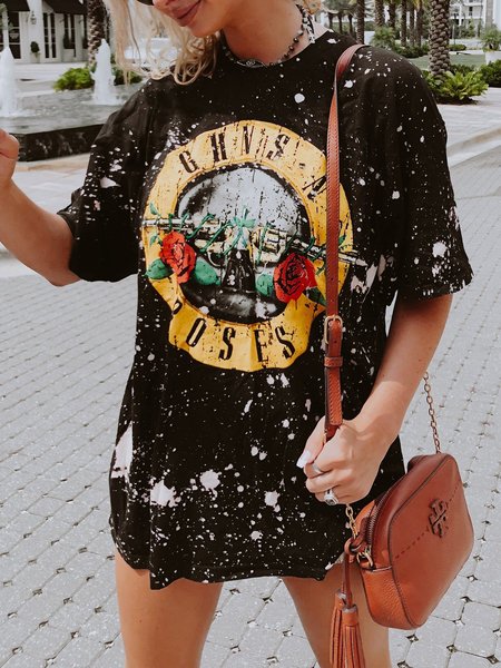 

T-Shirt a Girocollo Casuale Dritto, Nero, T-Shirts