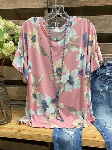 

Floral-print Crew Neck Casual Cotton-Blend Tops, Pink, Tops