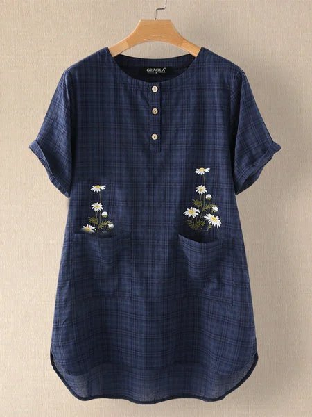 Top Casuale a Girocollo Floreale Stampato, Blu, Tops