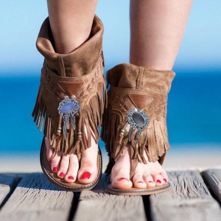 

Flat Tassel Holiday Beach Sandals, Deep brown, Sandals