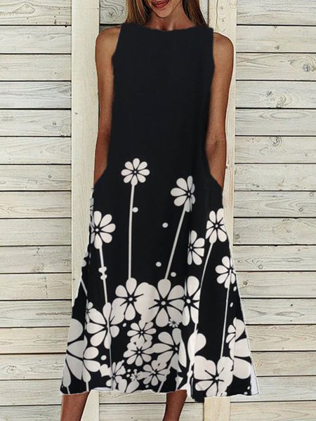 Abito a Girocollo di Misto Cotone, Nero, Midi Dresses