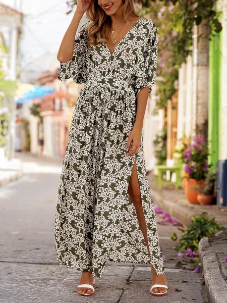 

V Neck Green Boho Floral Maxi Dress, Maxi Dresses