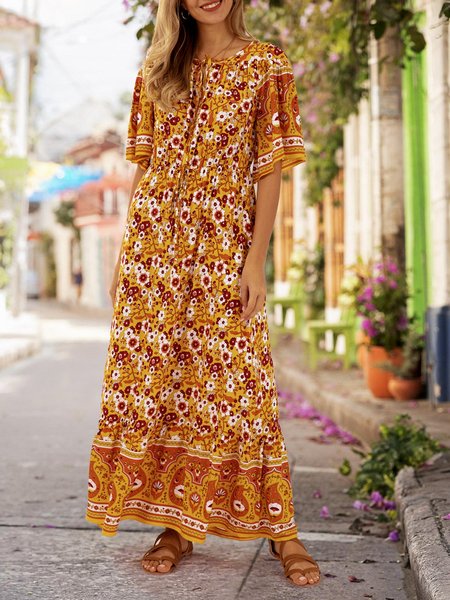 

Printed Ethnic A-Line Beach Maxi Dress, Yellow, Maxi Dresses