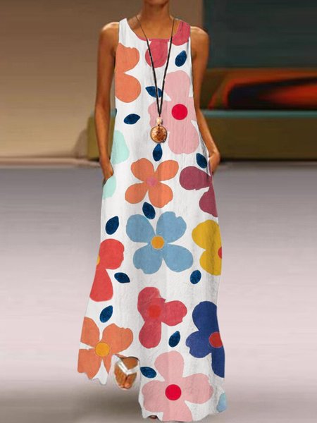 Flower Floral Holiday Crew Neck Sleeveless A-Line Swing Weaving Dress, Maxi Dresses