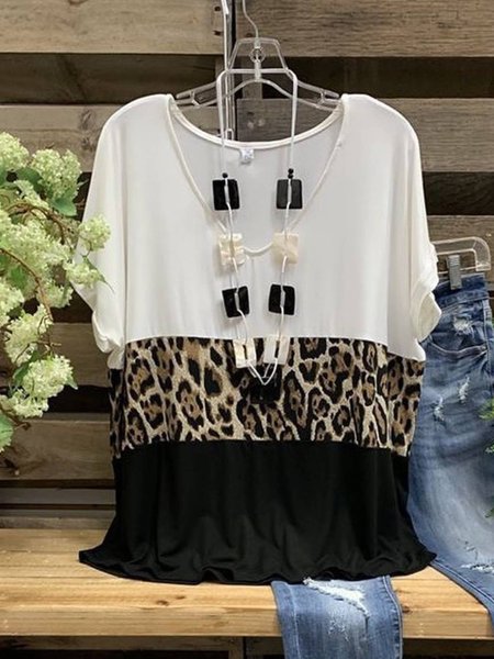 

Leopard Paneled V Neck Casual T-shirt, White, Tops
