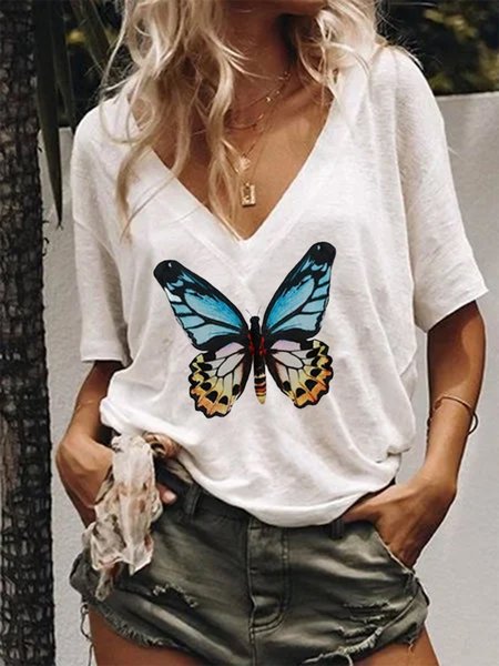 

Top con Scollo a V Stampato di Misto Cotone, Bianco, Blouses & Shirts