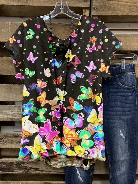

Black Cotton Short Sleeve Animal Shift T-shirt, T-shirts