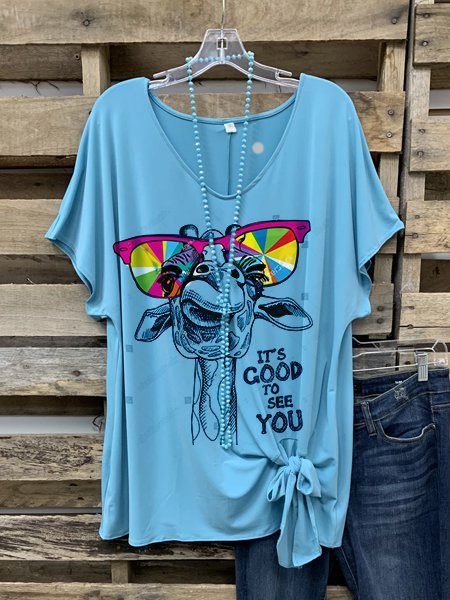 T-Shirt con Scollo a V Dritto Casuale, Blu, T-Shirts