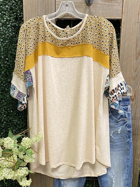 

T-Shirt a Girocollo Casuale di Misto Cotone, Giallo, T-Shirts