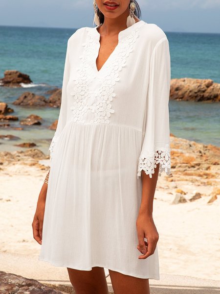 

White A-Line Daily Solid Mini Dress, Mini Dresses