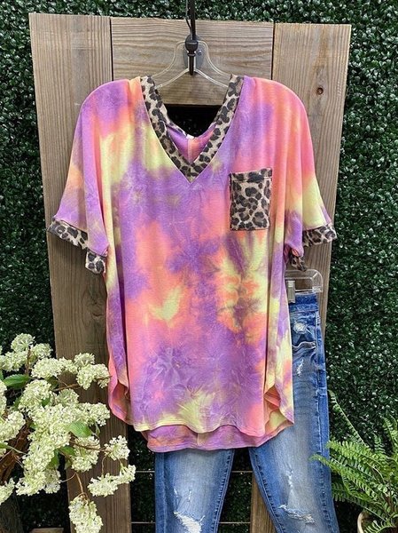 T-Shirt Leopardo Casuale di Cotone, Viola, T-Shirts