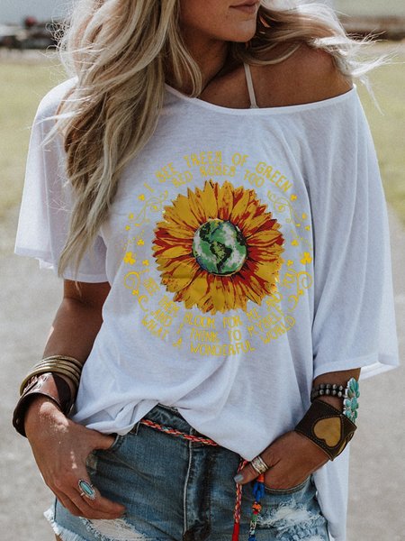 

T-Shirt a Girocollo Casuale Stampato, Bianco, Tops