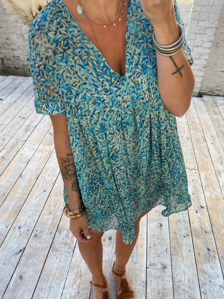 

Abito con Scollo a V Stampato Bohemian, Blu, Dresses