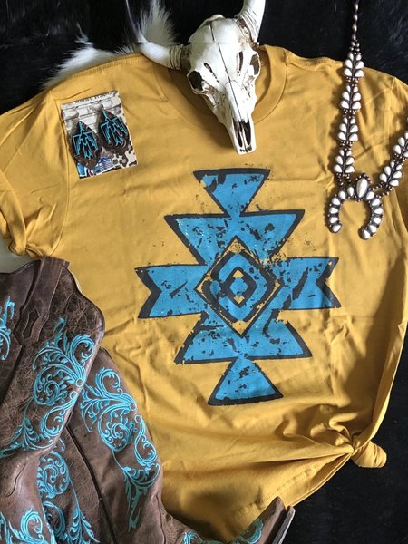 

Geometric Tribal Printed Short Sleeve Cotton Yellow T-Shirts Tops, T-shirts