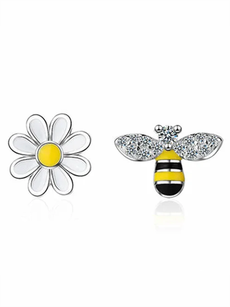 

Asymmetric Sunflower Earrings with Cute Bee Studs, As picture, Earrings