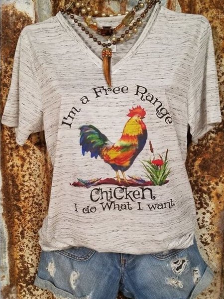

T-Shirt con Scollo a V Casuale di Cotone, Grigio chiaro, T-Shirts