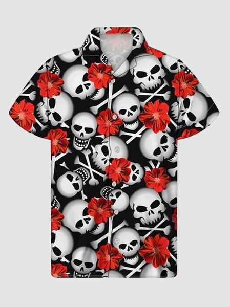 

Men's Black Shirt Collar Casual Printed Skull Shirts, Men's Floral shirt