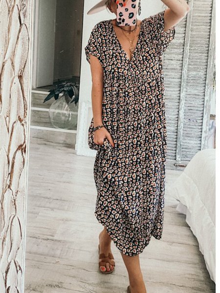 

Abito Floreale con Scollo a V, Nero, Summer dresses