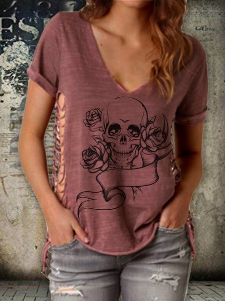 

V Neck Short Sleeve T-shirt, Purple pink, Blouses