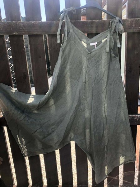 

Linen V Neck Casual Solid Jumpsuits, Army green, Jumpsuits & Rompers